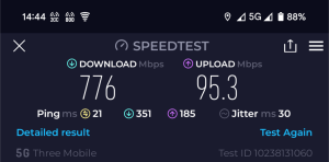 776/85.3mbps speedtest on Three