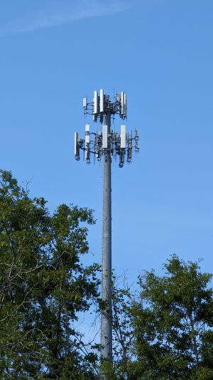 An overview of a cellular monopole located at the Foley Beach Express and AL-59 north of the city of Foley, Alabama.