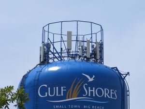 A view of an AT&T macro setup atop the Gulf Shores water tower.