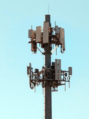 A closeup of a monopole in Bastrop, TX hosting T-Mobile and Verizon macros.