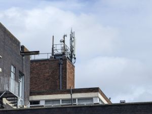 Telecommunications antennas and dishes on top of Swindon Telephone Exchange